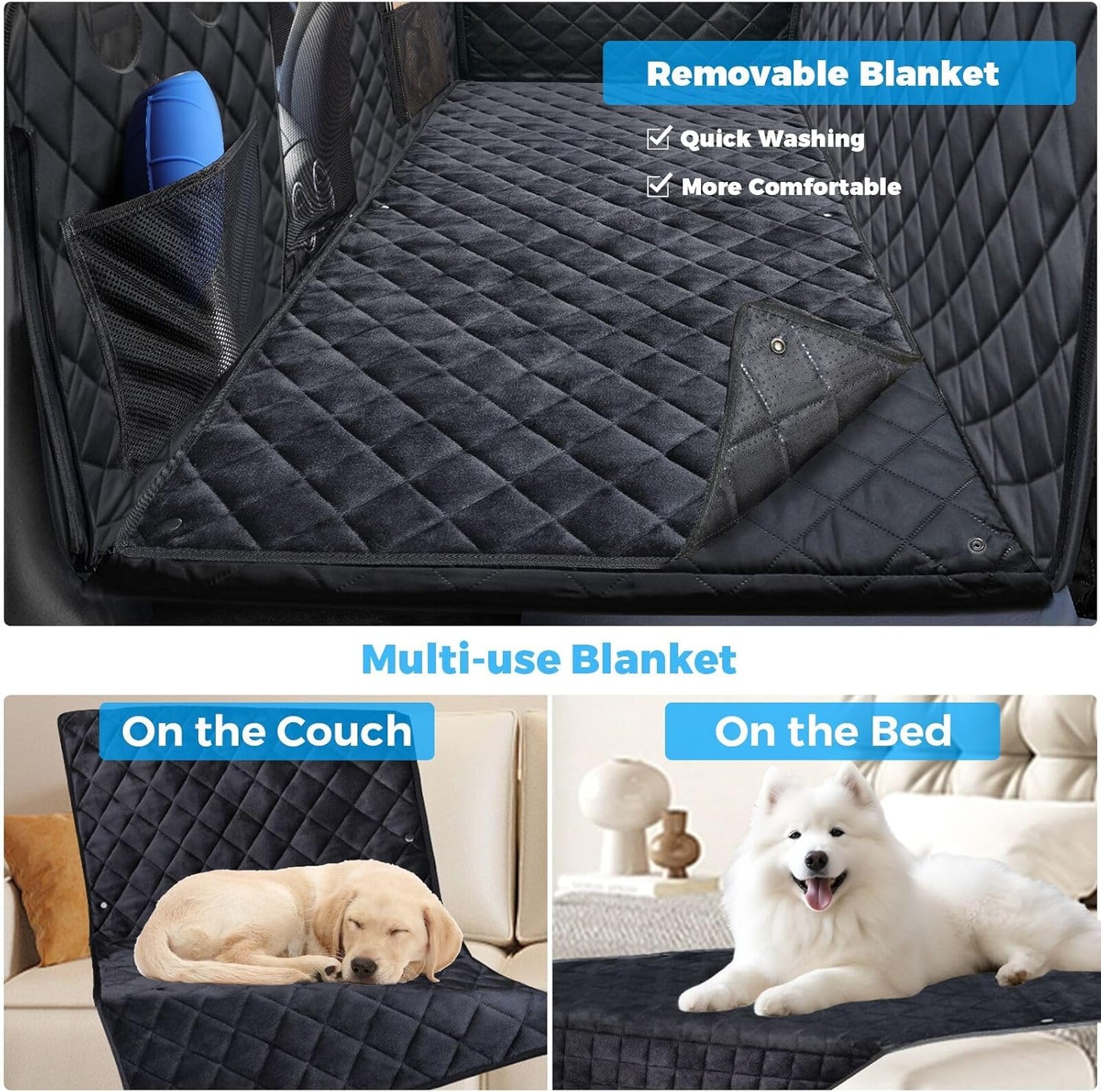 URPOWER Dogs Back Seat Extender with Non-Slip Blanket - Hard Bottom Dog Car Seat Cover & Removable Dog Bed Mat, Waterproof Dogs Hammock for Car, SUV & Small Truck, Pet Backseat Protector Holds 400lbs