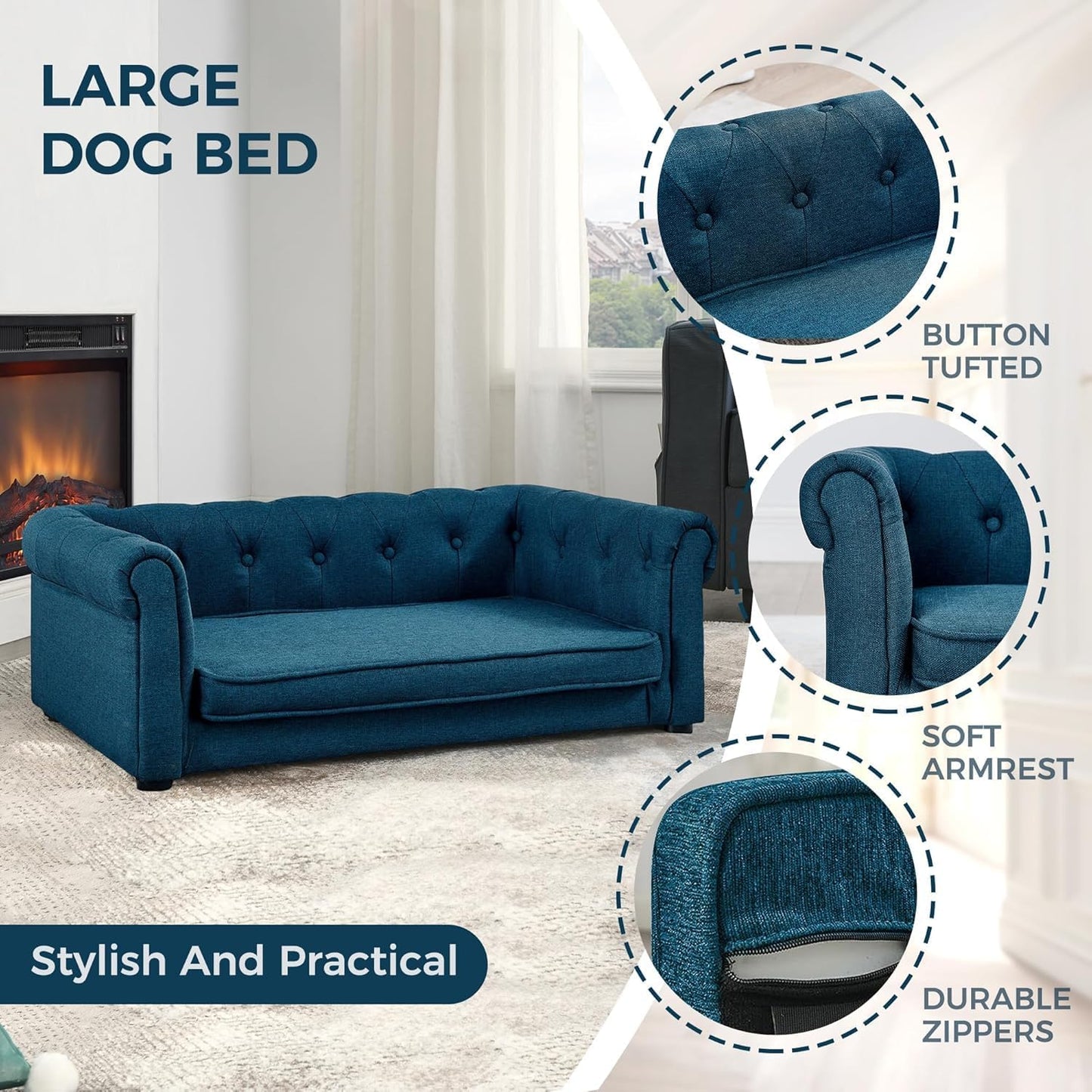 Dog Sofa Couch for Medium to Large Dogs, 31" Memory Foam Dog Couch with Washable Fabric, Removable Cushion, Sofa Bed for Medium and Large Dogs, Blue
