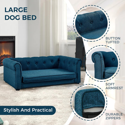 Dog Sofa Couch for Medium to Large Dogs, 31" Memory Foam Dog Couch with Washable Fabric, Removable Cushion, Sofa Bed for Medium and Large Dogs, Blue