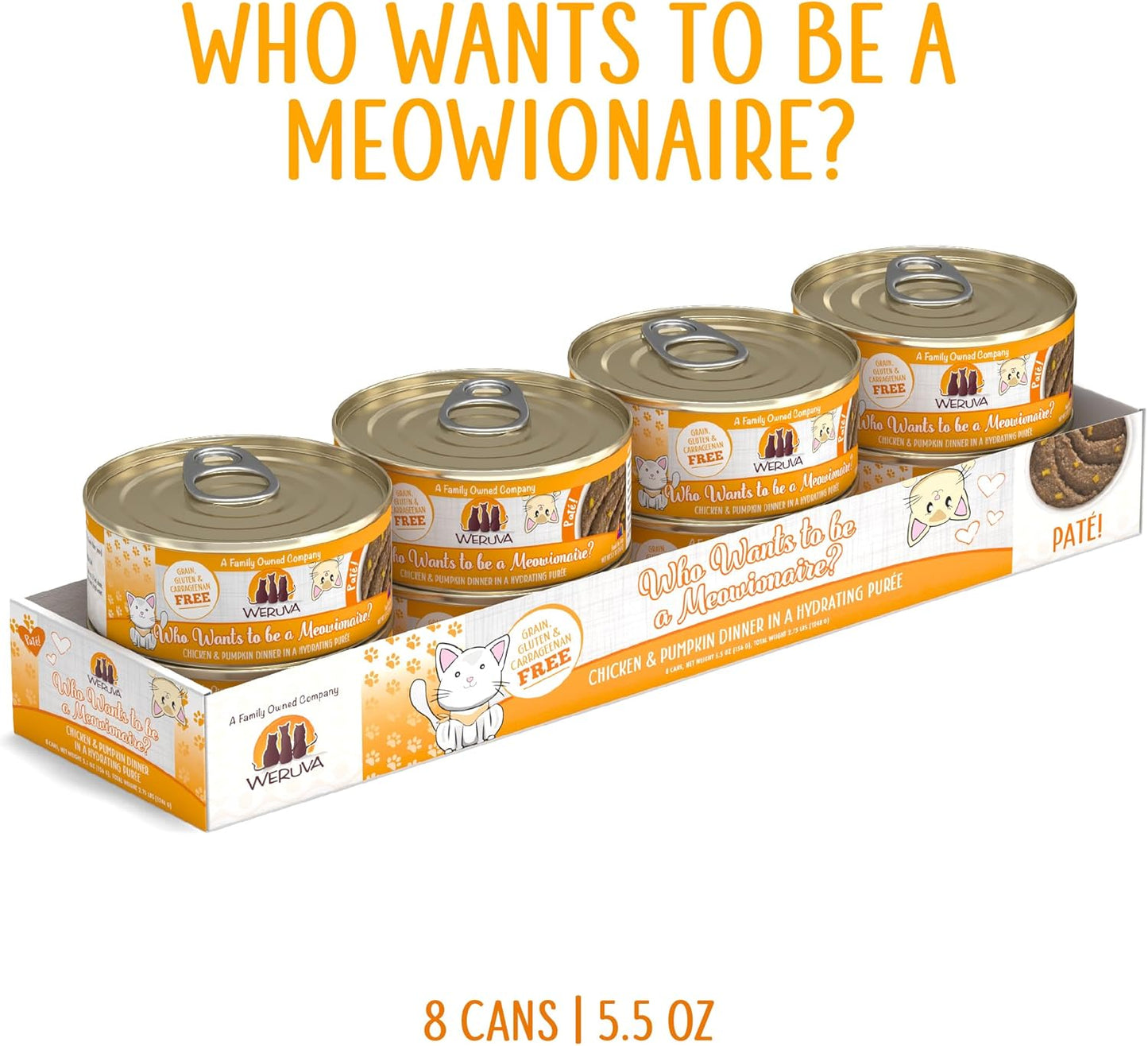 Weruva Classic Cat Paté, Who Wants to be a Meowionaire? with Chicken & Pumpkin, 5.5oz Can (Pack of 8)