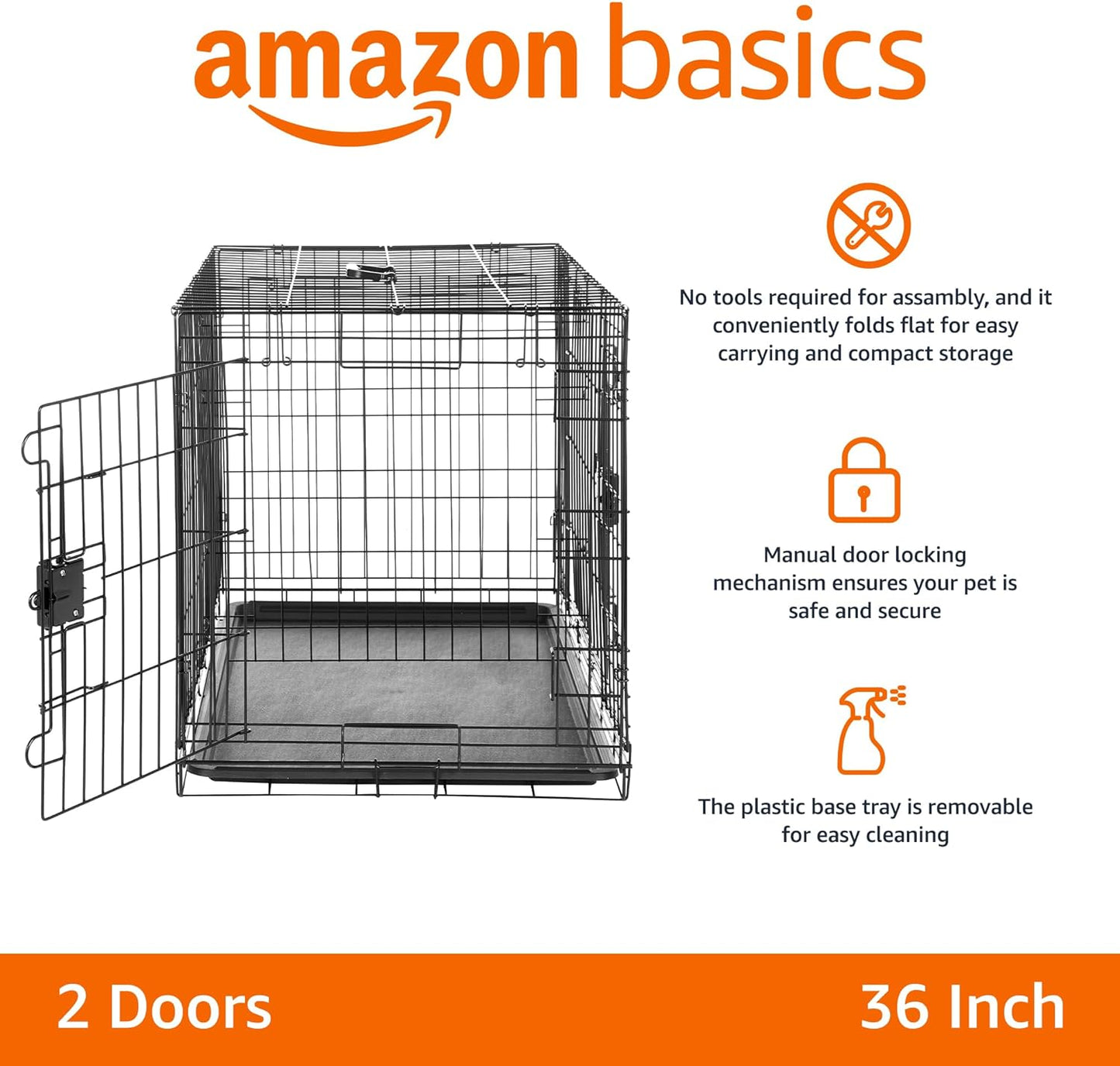 Amazon Basics Durable, Foldable Metal Wire Dog Crate with Tray, Double Door, 36 x 23 x 25 in, Black
