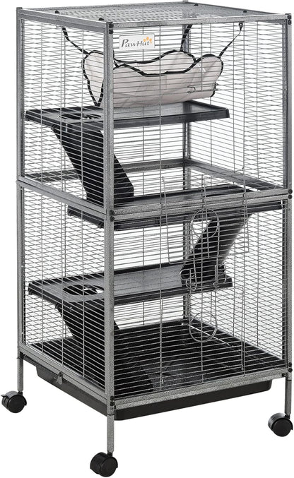 PawHut Metal Small Animal Cage, 4-Tiers Rolling Big Ferret Cage with Hammock, Removable Tray, for Chinchilla, Sugar Glider, Gray