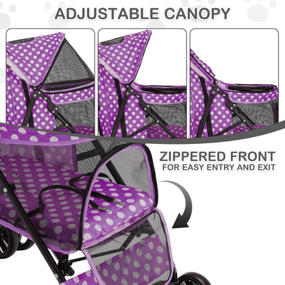 MoNiBloom 4 Wheels Pet Stroller, Easy-Fold Umbrella Shaped Dog Cat Jogger Stroller w/Storage Bag & Visible Mesh for Small/Medium Dogs Cats Purple Polka Dots