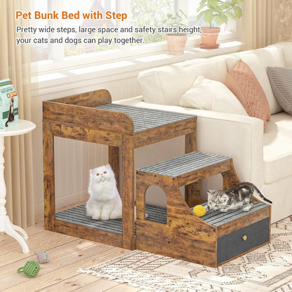 Pet Window Perch with Stairs, Super Large Pet Bunk Bed for Cats, Multi-Level Pet Seat Platform with Mats, Pet Bed Couch with Drawers for Bedside, Home, Indoor Use, Large Size, R