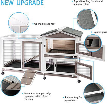 Rabbit Hutch Indoor Outdoor Two Story Bunny Hutch with Wheels Guinea Pig Cage with Removable No Leaking Tray Wooden Pet House