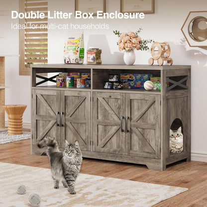 Cat Litter Box Enclosure for 2 Cats, 47" Hidden Litter Box Furniture Cat Washroom with Double Large Room, Farmhouse Indoor Litter Box Cabinet TV Stand, Grey