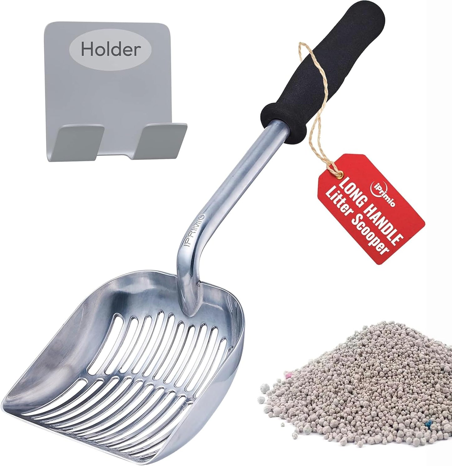 iPrimio Monster Metal Cat Litter Scoop with 17-Inch Long Handle - Extra Large Deep Shovel with Rounded Corners for Extended Reach and Soft Ergonomic Grip for Effortless Cleaning