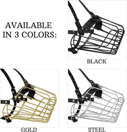 German Shepherd Dog Muzzle Metal Basket for Medium Large Dogs Adjustable Durable Leather Straps Secure Wire Mask for Biting Chewing Barking (Black, L - Size)