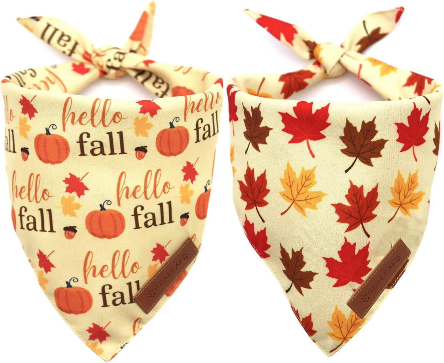 Realeaf Fall Dog Bandanas 2 Pack, Orange Pumpkin and Leaf Print Pet Scarf for Boy and Girl, Premium Durable Fabric, Holiday Bandana for Small and Medium Dogs (Small)