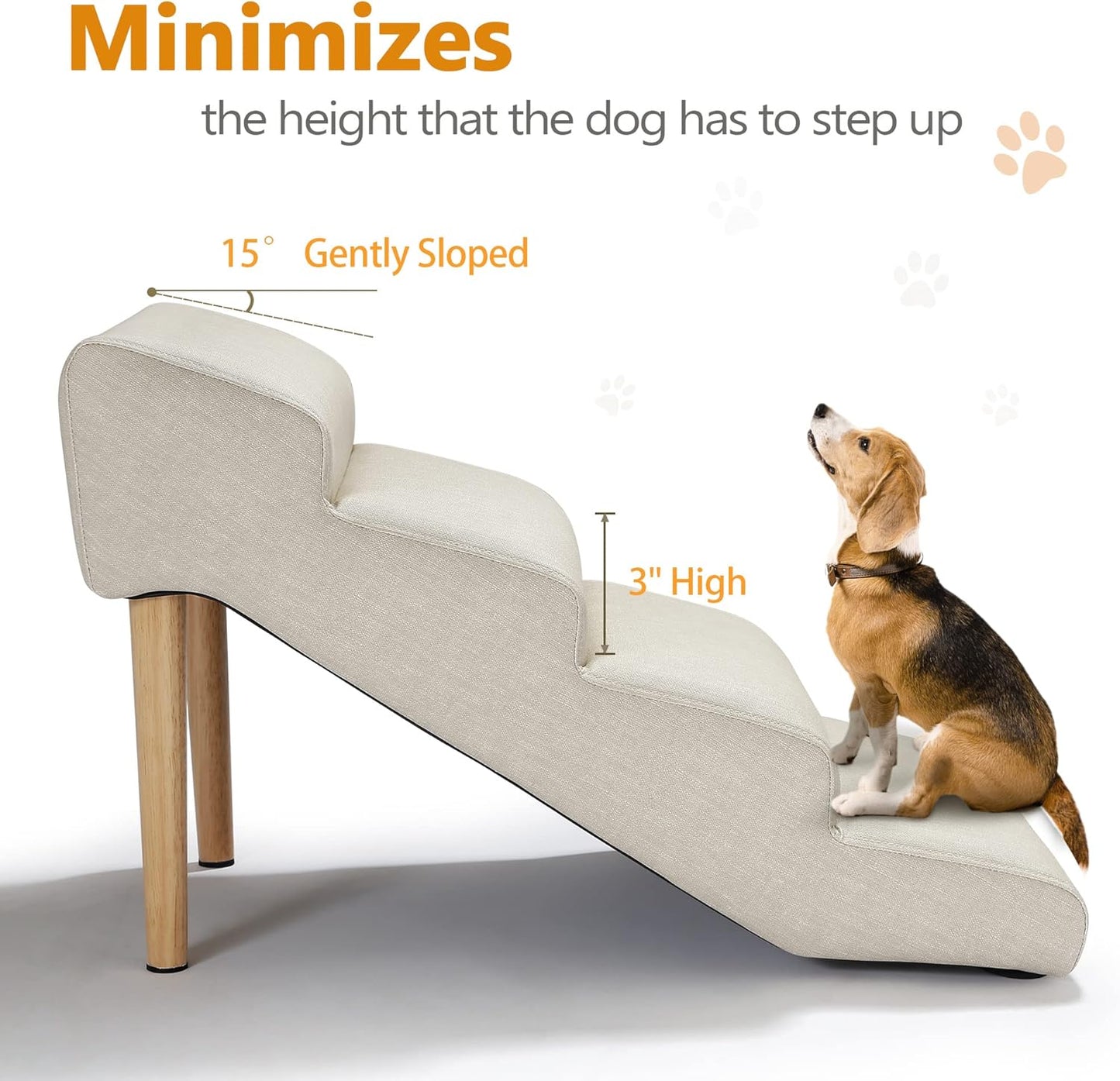 Senneny Imitation Linen Faux Leather Dog Stairs, for Pets up to 150 lbs, Waterproof, Scratch Resistant Pet Steps/Stairs with High Density Foam and Detachable Wooden Legs, Light Beige Linen, 4 Step