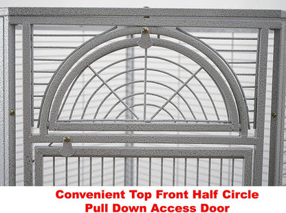 64" Extra Large Corner Bird Flight Breeding Wrought Iron Rolling Parrot Cage Side Solid Metal Plate Feed Doors Pull Out Removable Grate and Tray with Around Metal Seed Guard