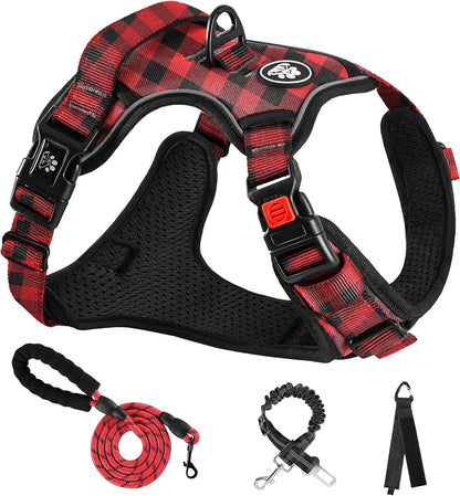 NESTROAD No Pull Dog Harness with Leash, Reflective No Choke Pet Vest Harness,Adjustable Soft Padded Dog Harness with Easy Control Handle for Medium Dogs(Checkered Red,Medium)