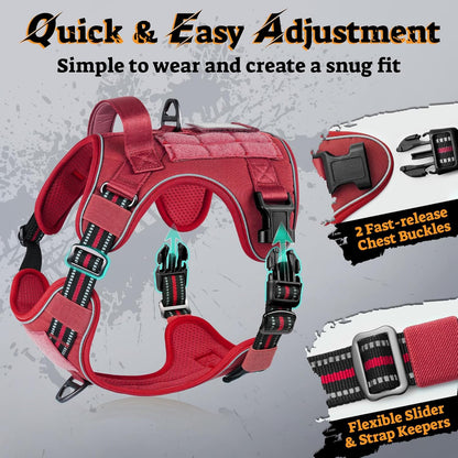 rabbitgoo Dog Harness for Large Dogs No Pull, Tactical Service Pet Vest with Molle and Control Handle, Adjustable and Reflective Military Harness for Easy Walking and Training, Red, XL