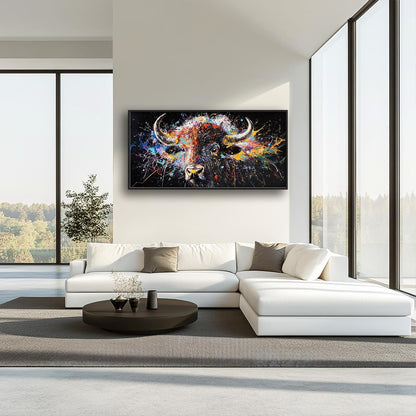 Framed Large Bison Buffalo Wall Art for Living Room, Oversized Graffiti Yak Cow Wall Decor Banksy Bull Canvas Painting Animal Pictures Modern Artwork for Living Room Bedroom Office 60"x30"