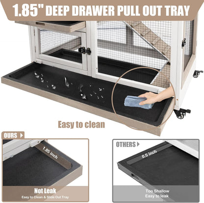 Rabbit Hutch Indoor 40" L Large 2 Story Outdoor Wooden Bunny Hutch with Run, 4 Metal Wheels & 2 Deeper Trays, UV-Proof Panel Rabbit Cage Guinea Pig Pet House for Small-Medium Animals