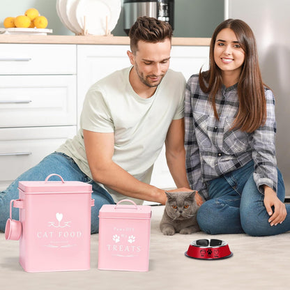 Meraki Home Cat Food Container and Treat Container - Tight Lids - Feed Scoop and Pet Food Bowl - Farmhouse Metal Storage Bin - Great Gift for Small Pets - Matte Pink