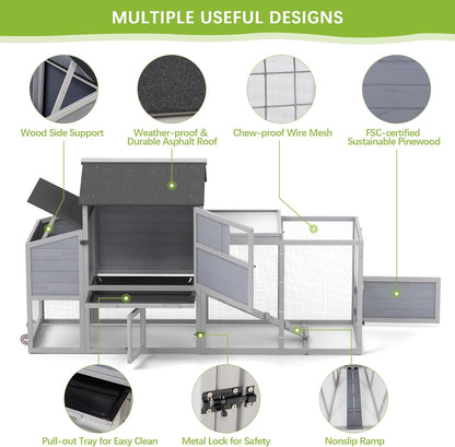 COZIWOW 82" Large Wooden Chicken Coop, Outdoor Rabbit Hutch with Wheels, Sunshine Board, Asphalt Roof, Ramp, Openable Top, Door, Window, Pull-Out Tray, Indoor Bunny Cage (Gray with Pattern)