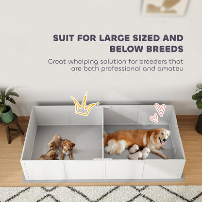 PawHut Whelping Box for Dogs and Puppies, Whelping Pen with Washable Waterproof Pee Pad & Adjustable Door for Large, Medium and Small Dogs, White, 96" x 47" x 19"