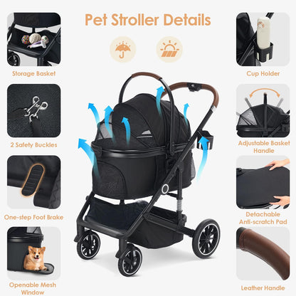 Pet Stroller with 4 Wheels, 3 IN 1 Folding Puppy Strollers for Small/Medium Dogs Cats up to 50lbs, Lightweight Pet Travel Carrier with Detachable Cushion, Storage Basket and Cup Holder, Black