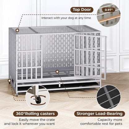 48 Inch Heavy Duty Indestructible Dog Crate Steel Escape Proof, Indoor Double Door High Anxiety Cage, Kennel with Wheels, Removable Tray,Silver,Extra Large XL XXL
