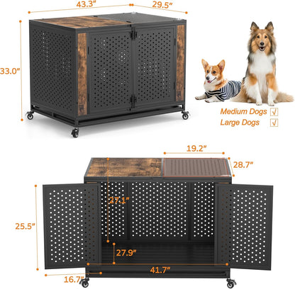 42" Heavy Duty Dog Crate Furniture for Large and Medium Dogs, Enclosed Design with 0.5 inch Holes, Indestructible Metal Kennel for High Anxiety Dogs, Chew Proof Pet House Cage Indoor, Brown