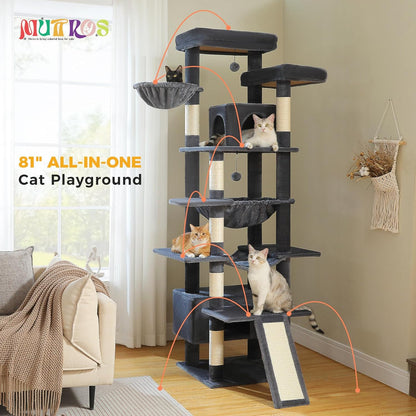 81" Heavy Duty Cat Tree for Large Cats up to 20lbs - Extra Tall Cat Tower with Metal Frame Hammock, 6 Sisal Scratching Posts, 2 Perches - Indoor Cat Furniture for Maine Coon, Dark Gray