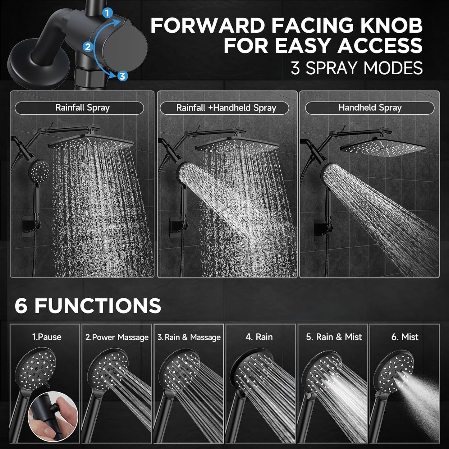 Veken Wide Rain Shower Head with 6 Modes Handheld Water Spray，High Pressure Showerhead Combo with Arm for Bathroom Accessories，Home Decor Adjustable Dual Shower with Anti-Clog Nozzles，Matte Black