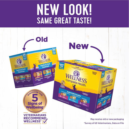 Wellness Complete Health Pate Adult Wet Cat Food, Natural, Protein-Rich, Grain-Free, 3 Ounce, 24 Pack, (Seafood Favorites Variety Pack)