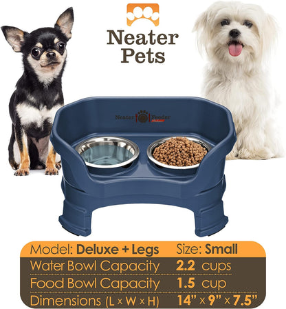 Neater Feeder Deluxe Mess Proof Dog Bowls Elevated for Small Breeds – Made in USA – No Spill Raised Dog Food Bowl Stand w/Leg Extensions – Stainless Steel Food and Water Bowl Set – Dark Blue