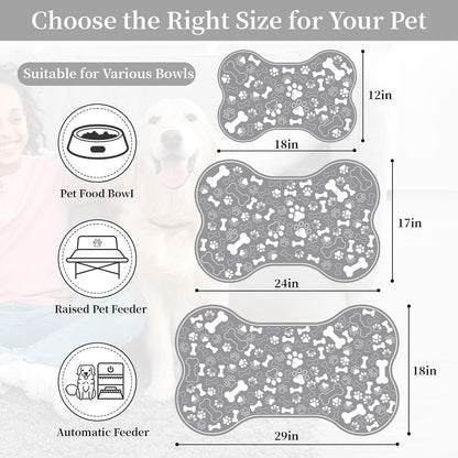 Dog & Cat Food Mat Bone Shaped Pet Feeding Mat Quick Absorb Water Bowl Placemat with Rubber Backing Indoor Floor Stain Resistant Pet Accessory Supplies (Grey Small, 12x18 Inches)