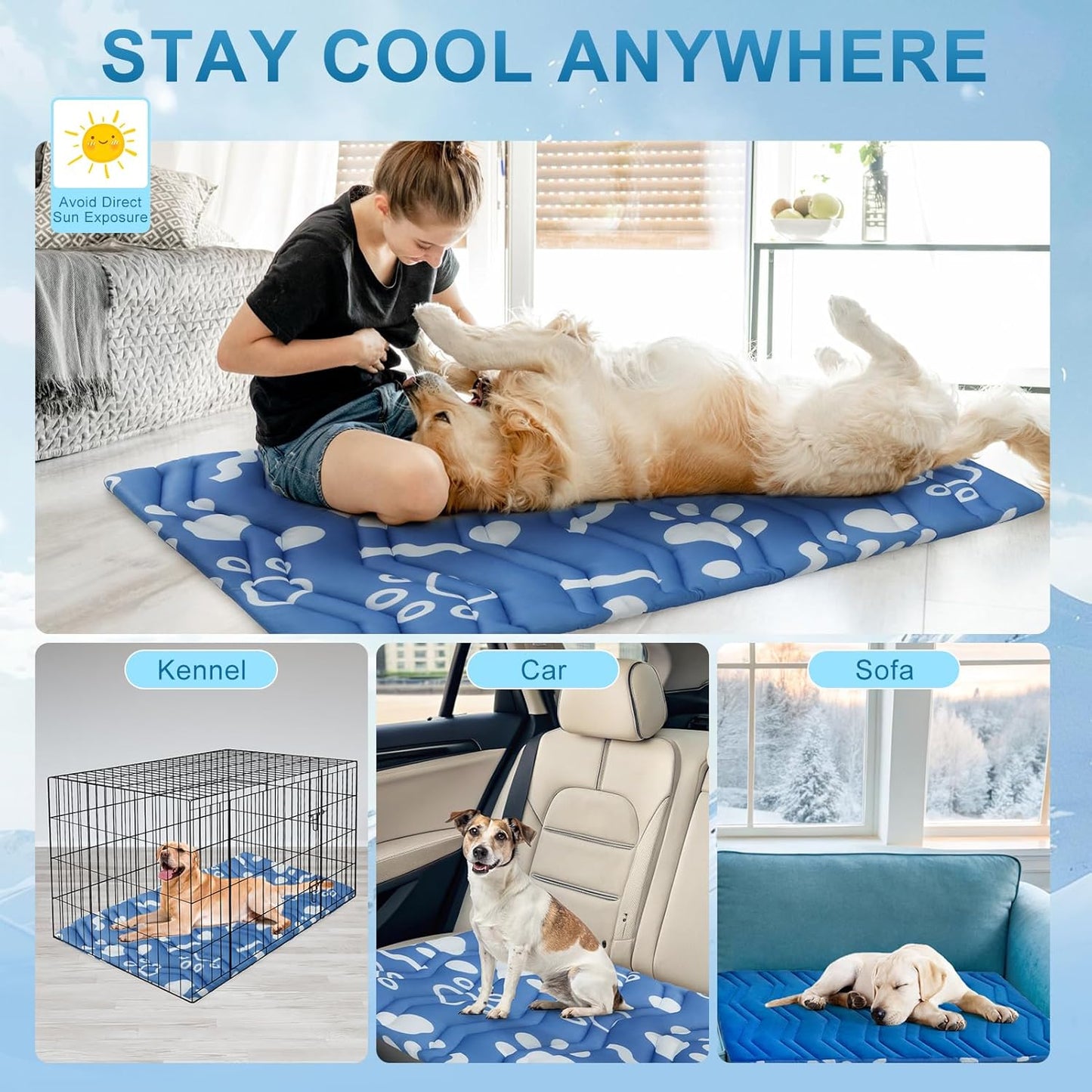 BEAUTYZOO Dog Cooling Mat- Upgraded Thicken Cooling Mat for Large Dogs Reversible(Cool & Warm) Pet Ice Cool Bed Washable & Portable, Summer Crate Pad for Big Dog Puppy Up to 44 lbs, Paw Blue 36X23IN