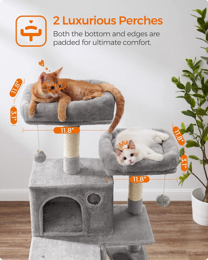 Feandrea Cat Tree, 66.1-Inch Large Cat Tower with 13 Scratching Posts, 2 Perches, 2 Caves, Basket, Hammock, Pompoms, Multi-Level Plush Cat Condo for Indoor Cats, Light Gray UPCT165W01