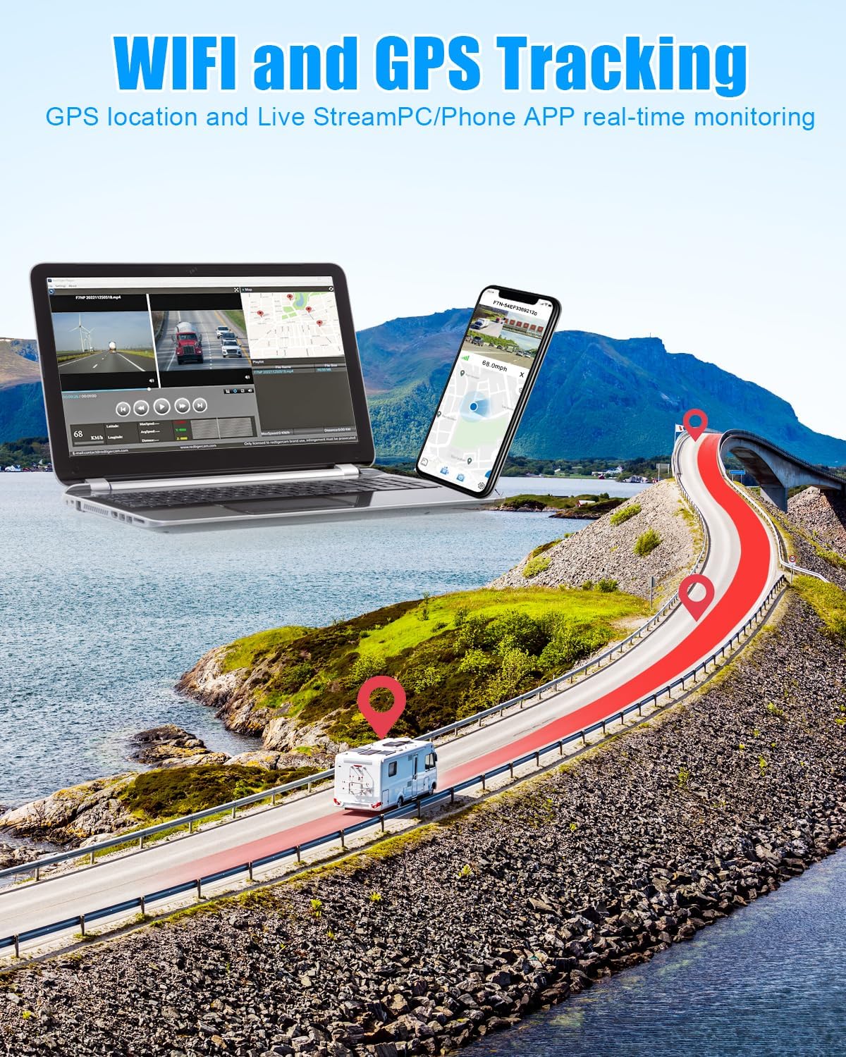 4CH 10.1 inch AI WiFi GPS RV Backup Camera Monitor System with Touch Screen and 4x1080P Waterproof Night Vision Cameras, Blind Spot Detection DVR Video Recorder for Truck Trailer Semi Camper Van Taxi