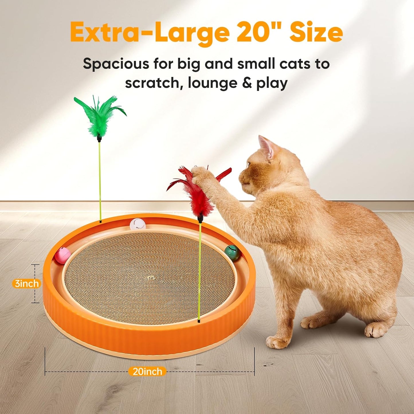 20-Inch Round Cat Scratcher with Ball Track – 3-in-1 Cardboard Cat Scratching Pad with Feather Toys, Non-Slip Base – Interactive Cat Toy for Indoor Cats, Kitten Scratch Play Lounge Board (Orange)