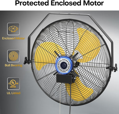 20 Inch Industrial Wall Mount Fan, 5200 CFM Industrial Metal Wall Fans with Poweful Motor, 3 Speed, Heavy Duty Construction Indoor for Warehouse, Workshops, and Garage, UL Listed
