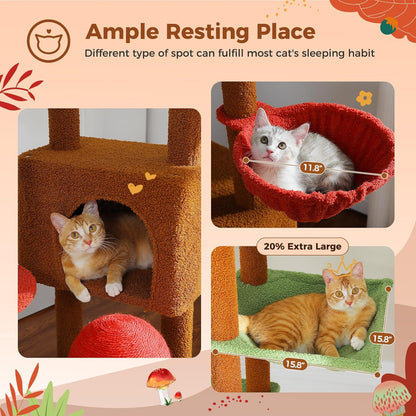 PEQULTI Mushroom Cat Tree Floor to Ceiling Cat Tower Adjustable Height (90.5''-100.4'' = 230cm-252cm) with Cat Condo, Cozy Hammock and Scratching Post, Tall Activity Tree for Indoor Cats, Brown