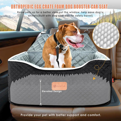Memory Foam Booster Dog Car Seat for Medium Dogs (Under 45LBS): Elevated, Detachable Washable, Anti-Slip, for Car Back Seat, Travel Pet Bed with Seat Belt