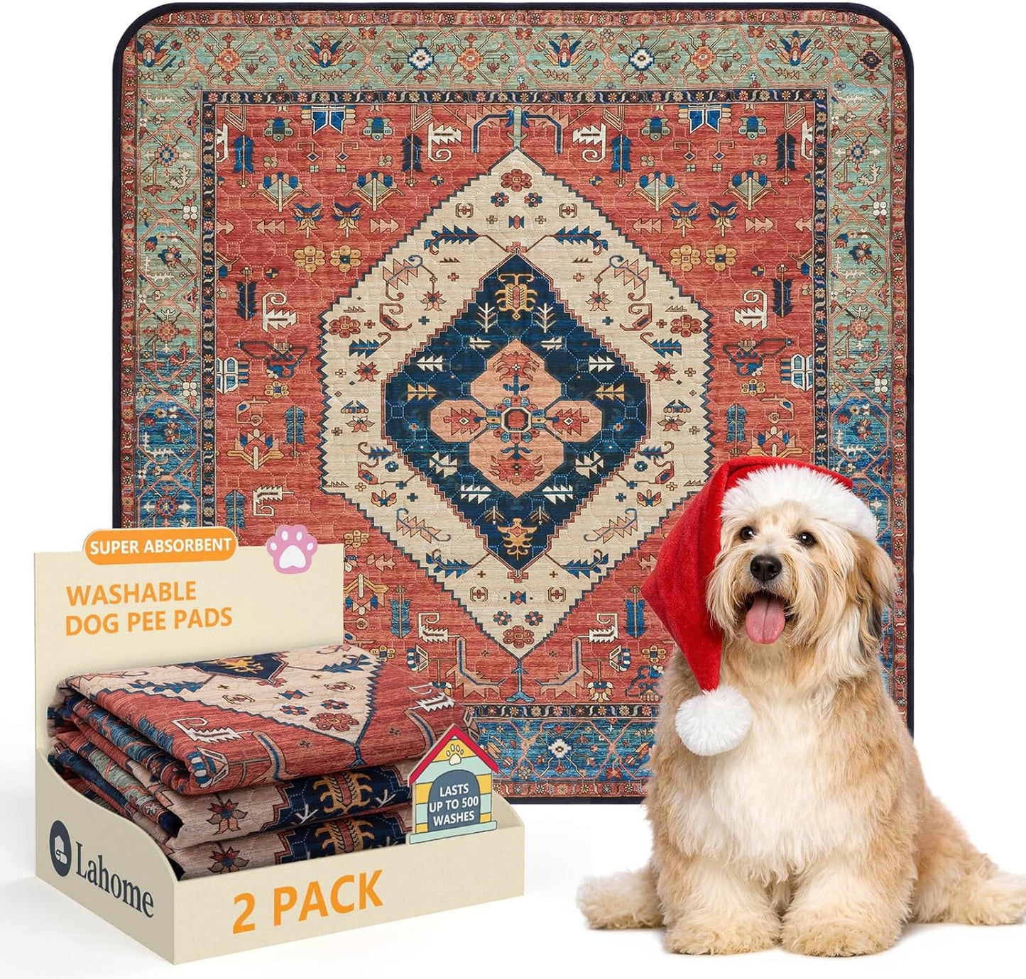 Lahome Super Absorbent Washable Pee Pads for Dogs - Secure Floor Protection - Non-Slip, Leakproof Reusable Pads for Training, Crates & Playpens (2 Pack, 36"x36", Red)