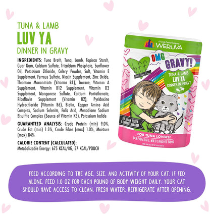Weruva B.F.F. OMG - Best Feline Friend Oh My Gravy!, Tuna & Lamb Luv Ya with Tuna & Lamb in Gravy Cat Food, 3oz Pouch (Pack of 12)
