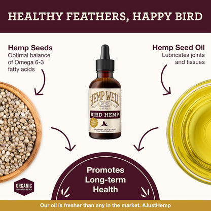 Organic Hemp Well Bird Hemp Oil – 2 Ounces. Parrot, Parakeet, Cockatiel and All Birds for Supporting Health, Feather Plucking, Destructive Behavior Reduction, Immune Support, and Relaxation.