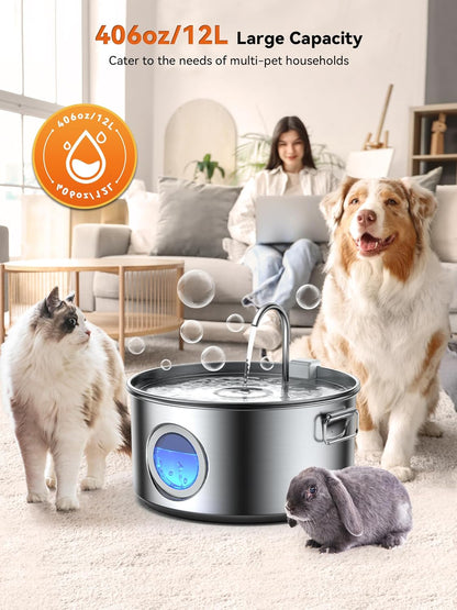 Dog Water Fountain for Large Dogs, 3.2Gal/406oz/12L Stainless Steel Dog Water Fountain, Quiet Dog Water Bowl Dispenser with Visible Window for Multi-pet Home, Includes 7 Filters Set