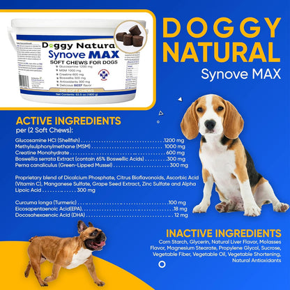 Synove Max Soft Chews for Dogs (240 Count) Beef Flavor, Joint Supplement, Glucosamine, Turmeric, Boswelllia serrata, Creatine Naturally Derived Ingredients better than synovi g4 soft chew