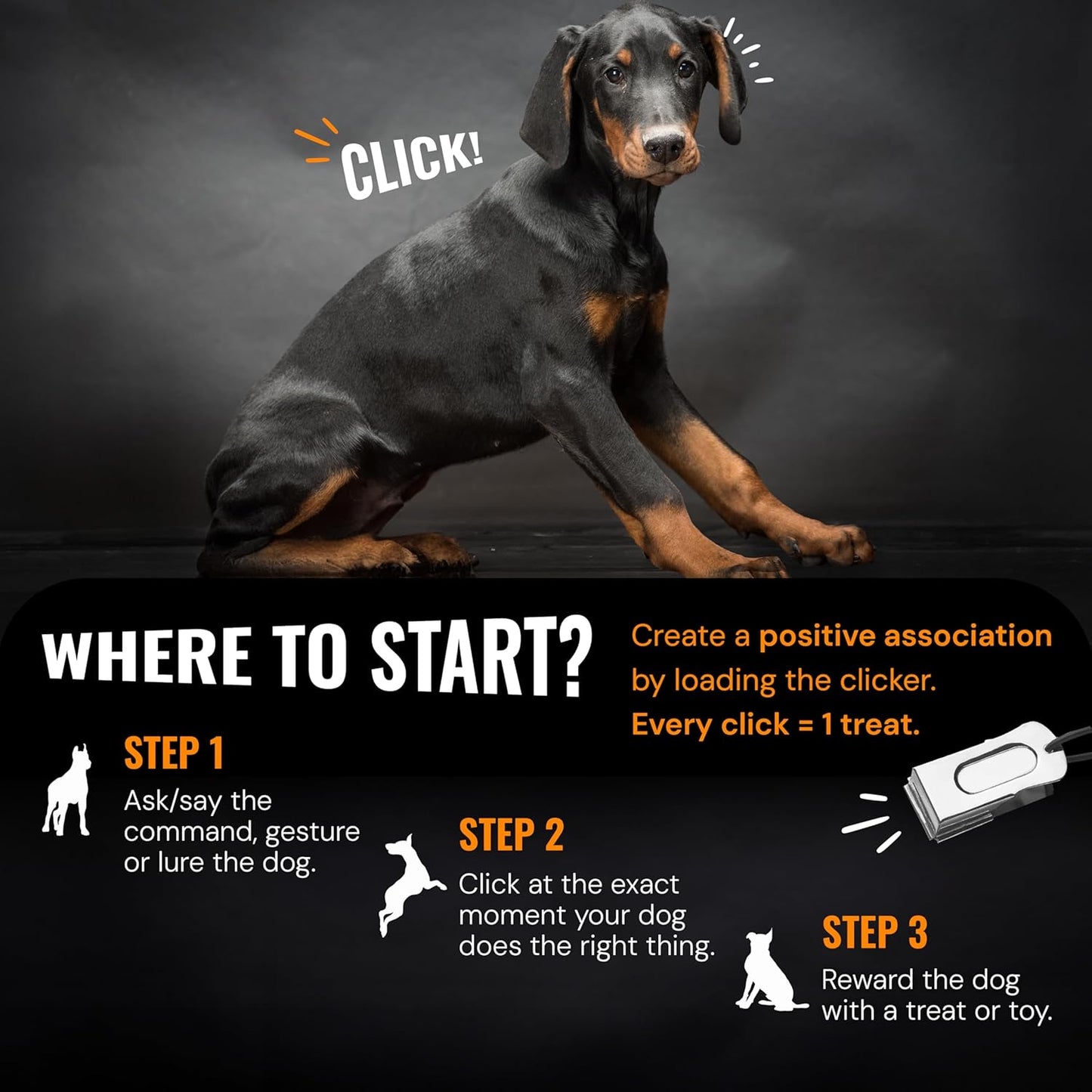 Black Dog Clicker with Necklace (3 Pack) - Clickers for Pet Training - Dog Training & Behavior Aids Easy to Carry with You Anywhere - Teach Your Dog Tricks or Reward His Behavior