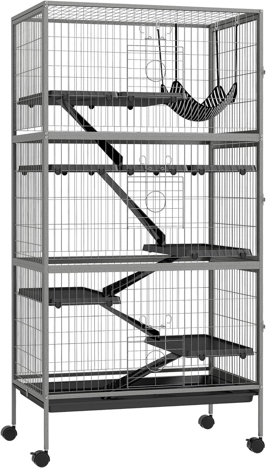 PawHut 63" 6-Tier Small Animal Cage, Ferret Cage, Large Chinchilla Cage with Hammock Accessory & Heavy-Duty Steel Wire, Small Animal Habitat with 6 Doors, Removable Tray, Gray