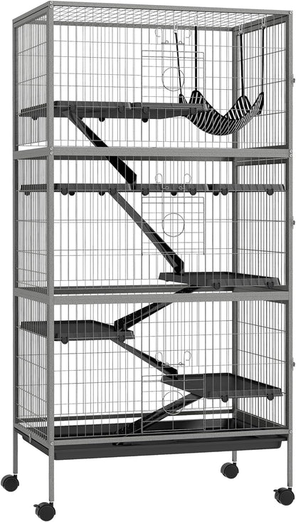 PawHut 63" 6-Tier Small Animal Cage, Ferret Cage, Large Chinchilla Cage with Hammock Accessory & Heavy-Duty Steel Wire, Small Animal Habitat with 6 Doors, Removable Tray, Gray