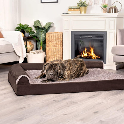 Furhaven Cooling Gel Dog Bed for Large Dogs w/ Removable Bolsters & Washable Cover, For Dogs Up to 125 lbs - Two-Tone Plush Faux Fur & Suede L Shaped Chaise - Espresso, Jumbo Plus/XXL