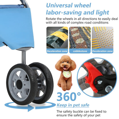 Dog Stroller,3 Wheels Travel Folding Pet Stroller for Small Medium Dog Cat Jogger Stroller with Storage Basket Removable Liner Blue