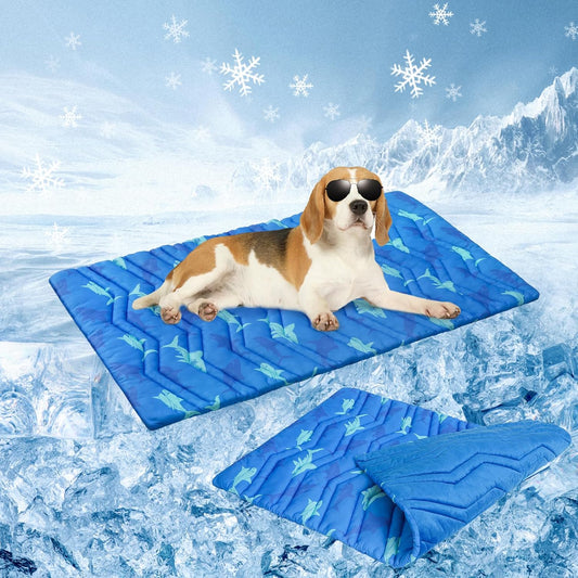 BEAUTYZOO Dog Cooling Mat- Upgraded Thicken Cooling Mat for Large Dogs Reversible(Cool & Warm) Pet Ice Cool Bed Washable & Portable, Summer Crate Pad for Big Dog Puppy Up to 44 lbs, Shark Blue 36X23IN