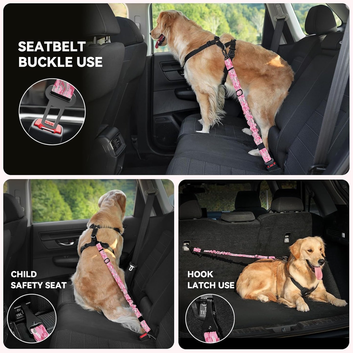 Pawaboo Dog Seatbelt for Car, 3-in-1 Dog Seat Belt Bungee, Shockproof Dogs Tether with Buckle & Hook Latch, Adjustable Reflective Dogs Cars Harness Leash with 360° Lockable Buckle, Pink Camouflage