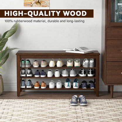 Shoe Bench Storage Rubberwood, Entryway Bench with 3-Tiers Height Adjustable, Shoe Rack Front Door Entrance Organizer for Hallway Living Room, Mudrooms, Walnut,39.4"